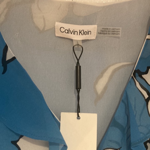 Calvin Klein Floral Print Chiffon Ruffle Trim V-Neck Long Sheer Sleeve Top, - Picture 3 of 11